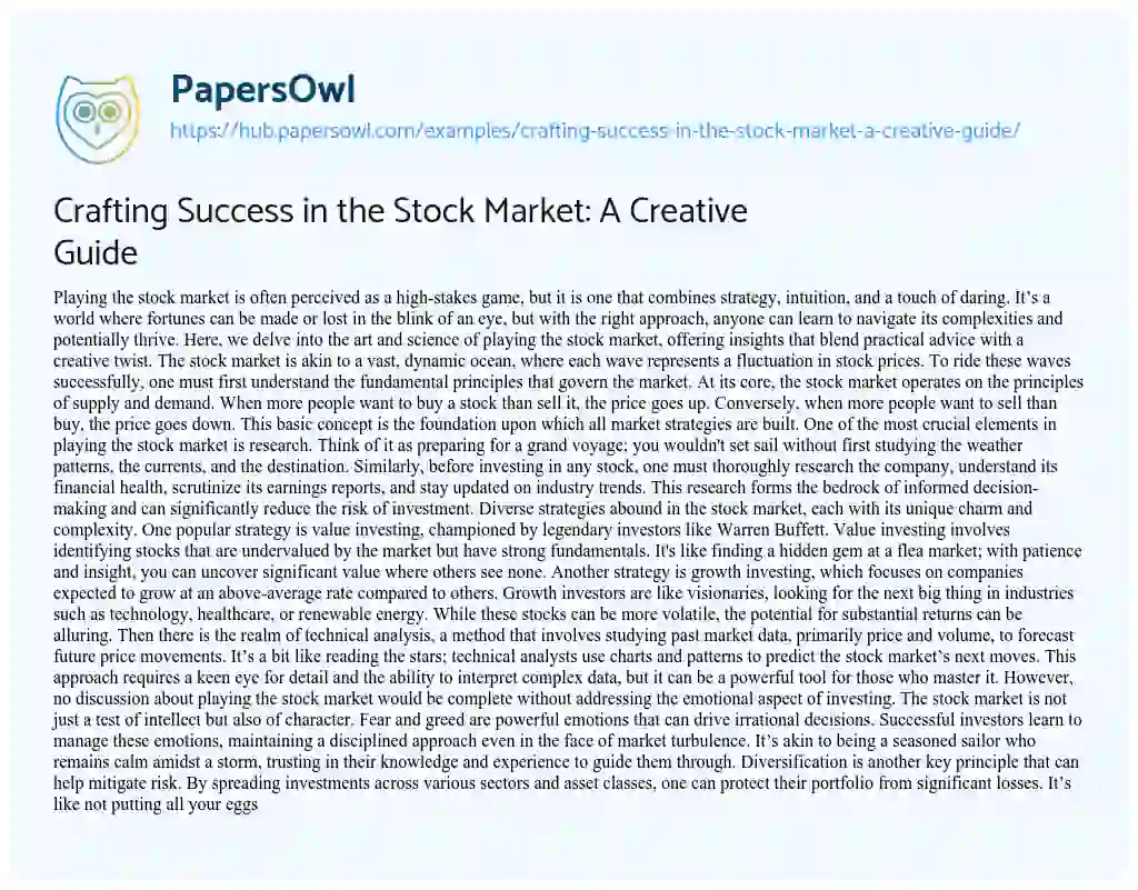 Essay on Crafting Success in the Stock Market: A Creative Guide