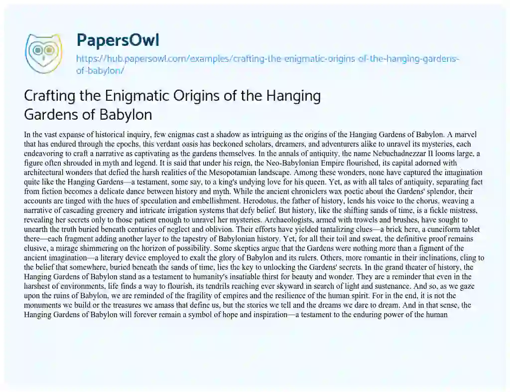 Essay on Crafting the Enigmatic Origins of the Hanging Gardens of Babylon