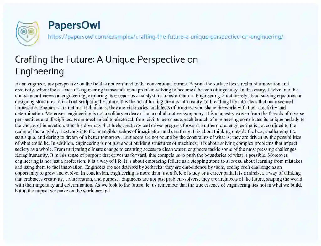 Essay on Crafting the Future: A Unique Perspective on Engineering