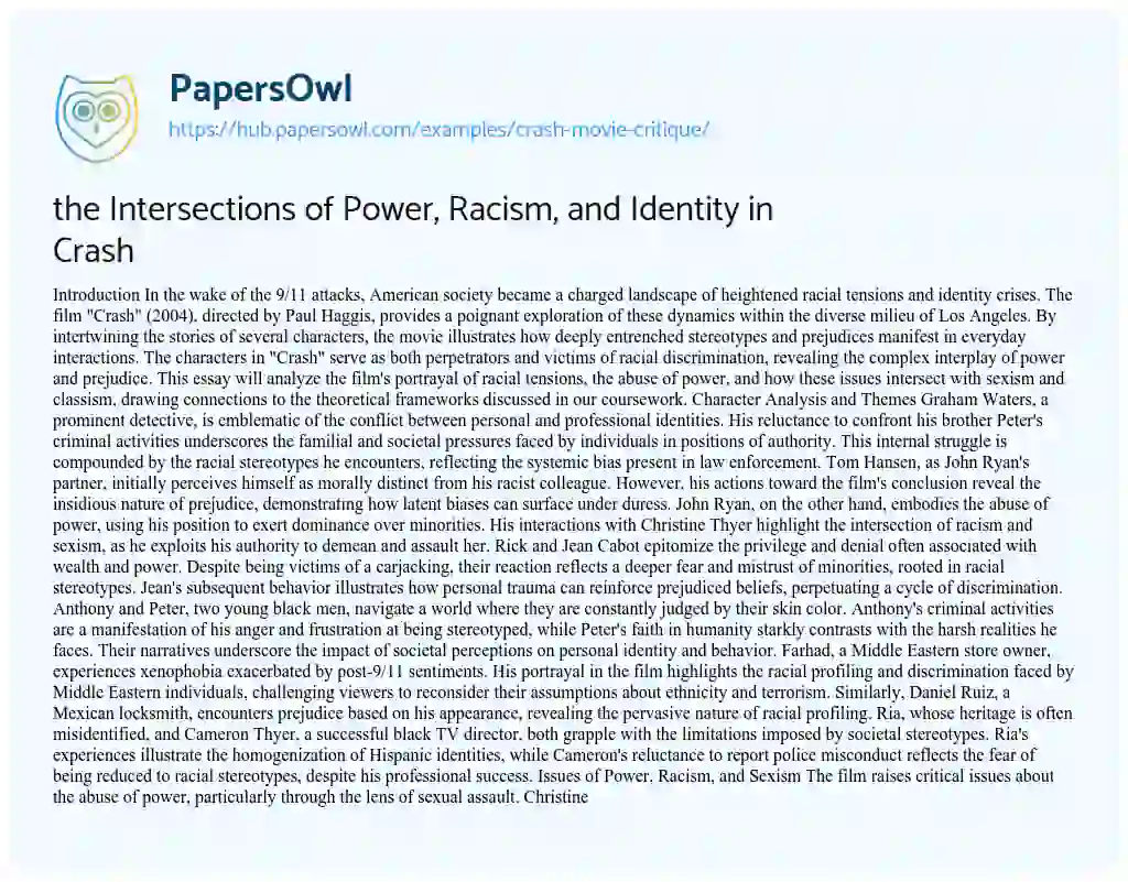 Essay on the Intersections of Power, Racism, and Identity in Crash