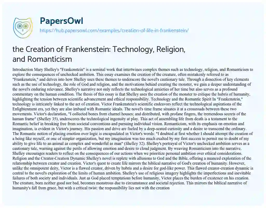 Essay on the Creation of Frankenstein: Technology, Religion, and Romanticism