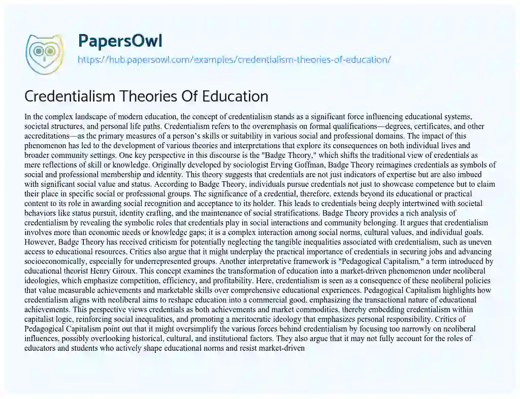 Essay on Credentialism Theories Of Education