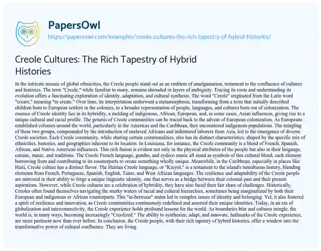 Essay on Creole Cultures: The Rich Tapestry of Hybrid Histories