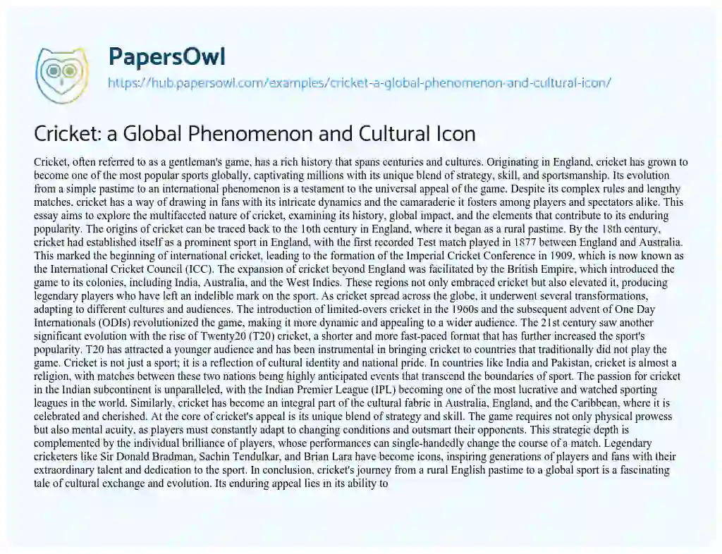 Essay on Cricket: a Global Phenomenon and Cultural Icon