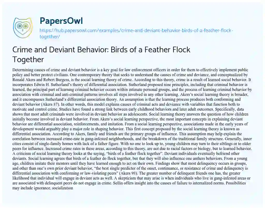 Essay on Crime and Deviant Behavior: Birds of a Feather Flock Together