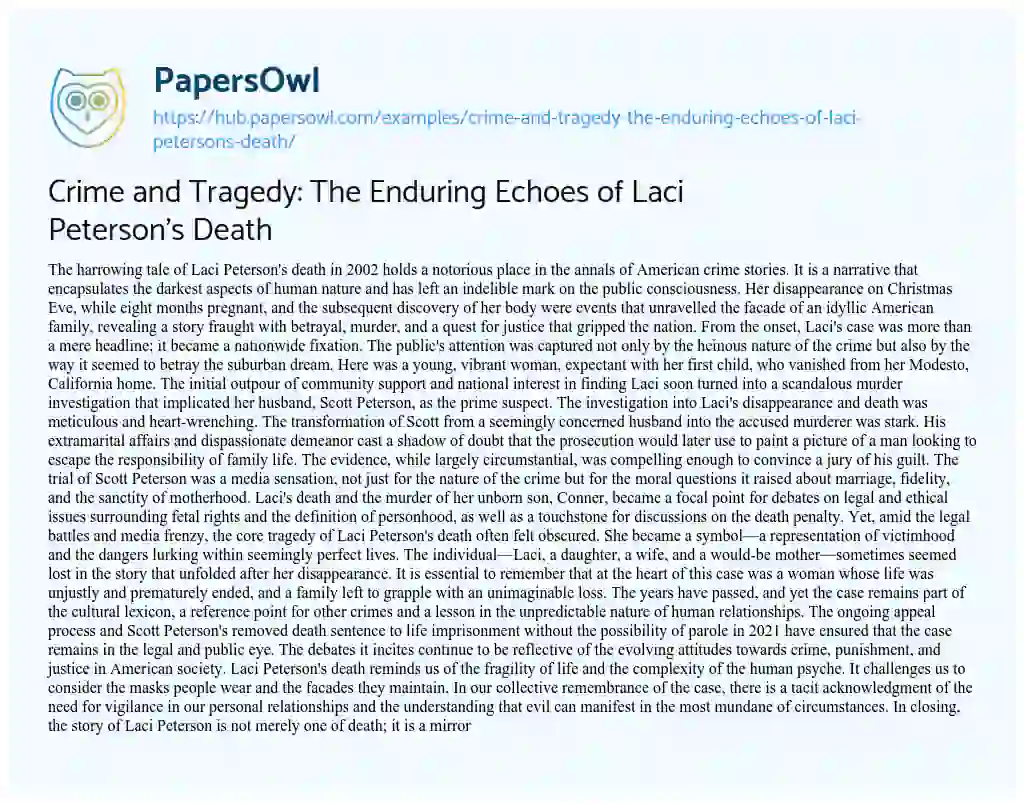 Essay on Crime and Tragedy: The Enduring Echoes of Laci Peterson’s Death