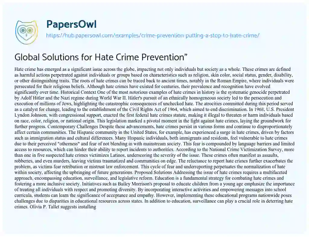 Essay on Global Solutions for Hate Crime Prevention”