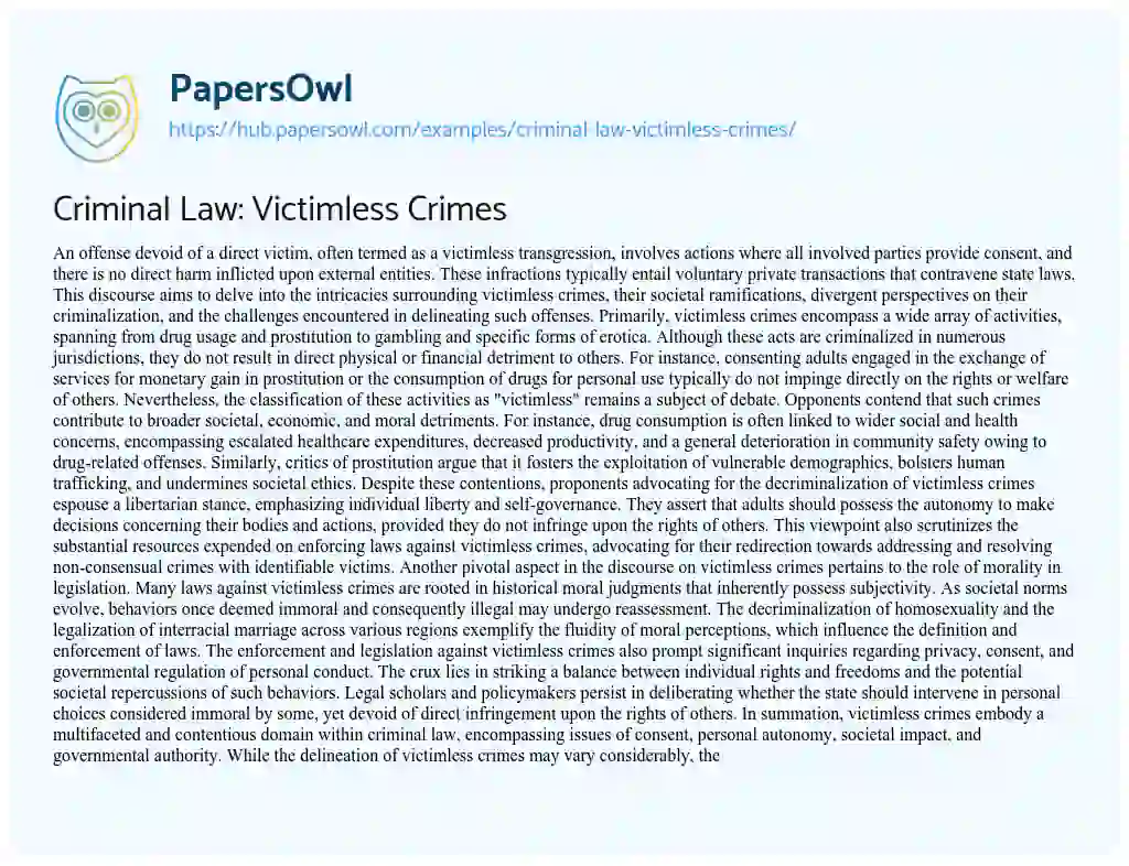 Essay on Criminal Law: Victimless Crimes