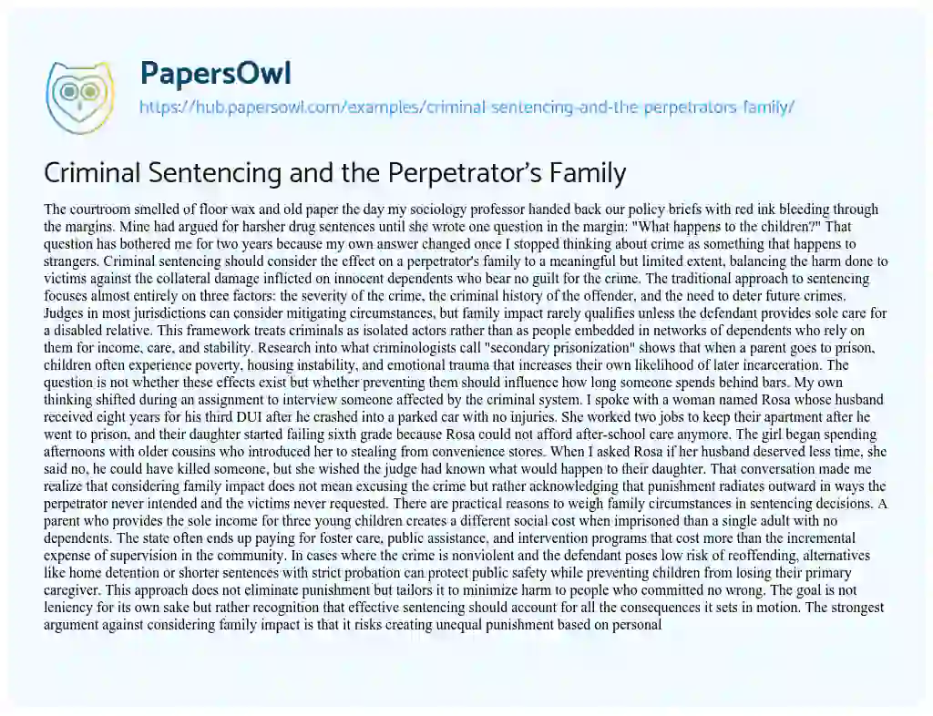 Essay on Criminal Sentencing and the Perpetrator’s Family