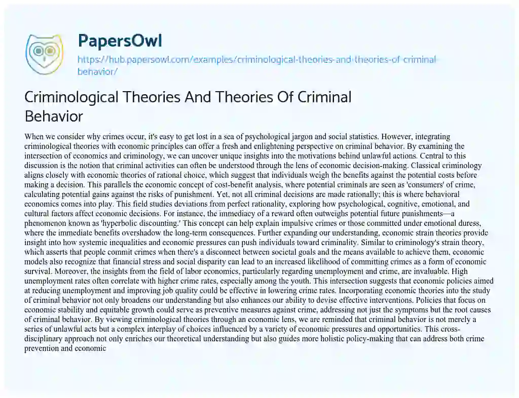Essay on Criminological Theories And Theories Of Criminal Behavior