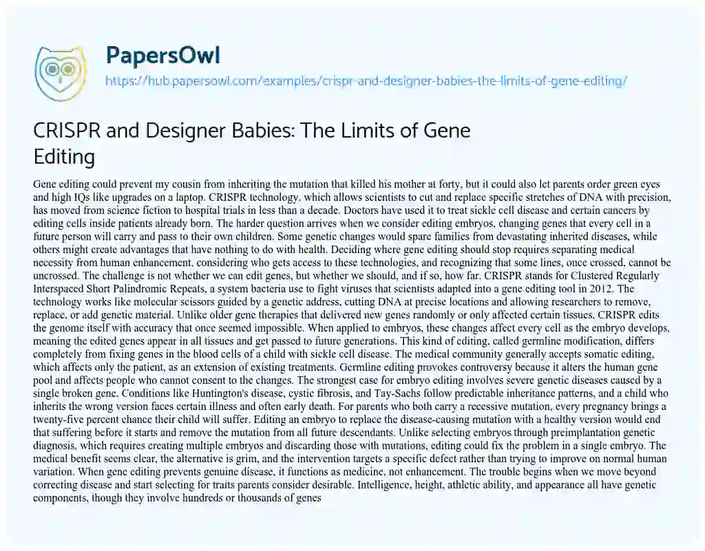 Essay on CRISPR and Designer Babies: The Limits of Gene Editing