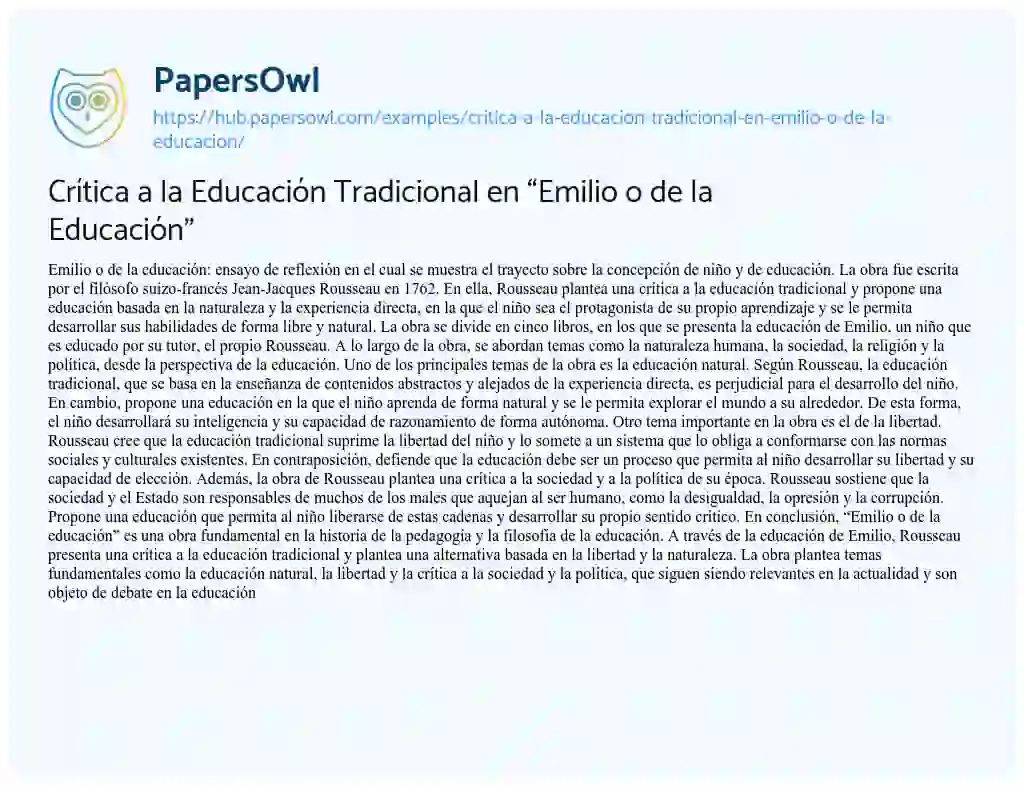 Essay on Crítica a la Educación Tradicional en “Emilio o de la Educación”