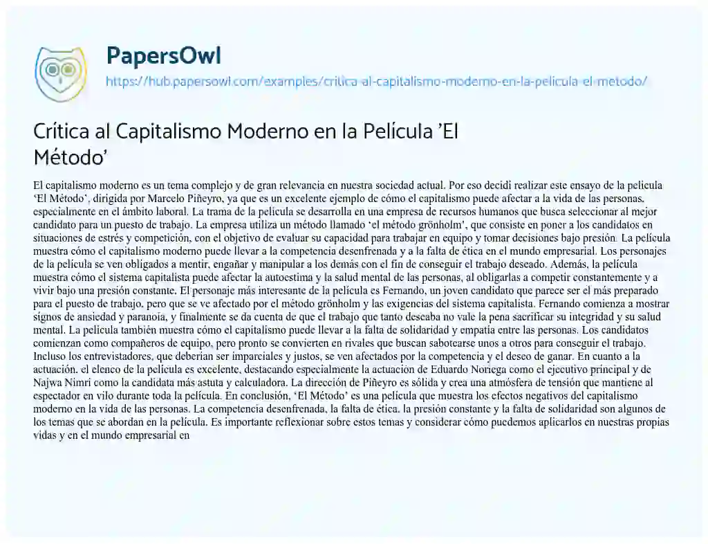 Essay on Crítica al Capitalismo Moderno en la Película ‘El Método’