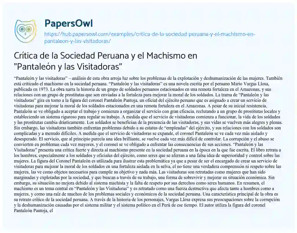 Essay on Crítica de la Sociedad Peruana y el Machismo en “Pantaleón y las Visitadoras”
