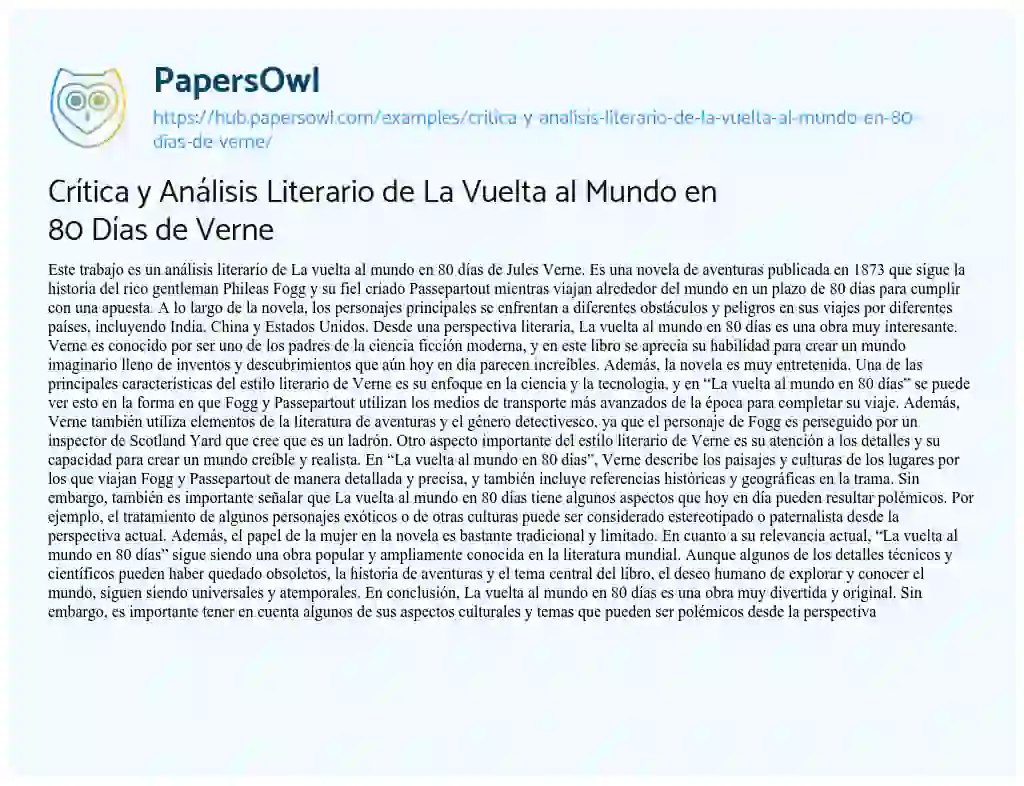 Essay on Crítica y Análisis Literario de La Vuelta al Mundo en 80 Días de Verne
