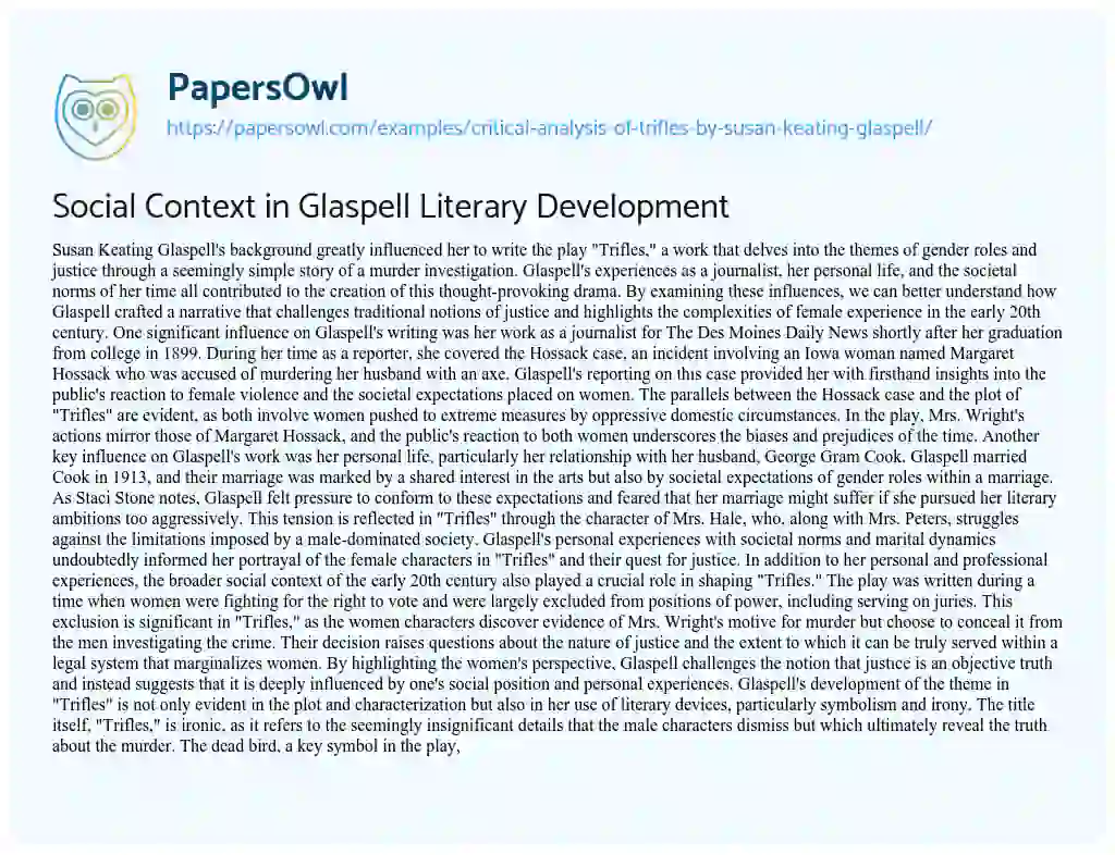Essay on Social Context in Glaspell Literary Development