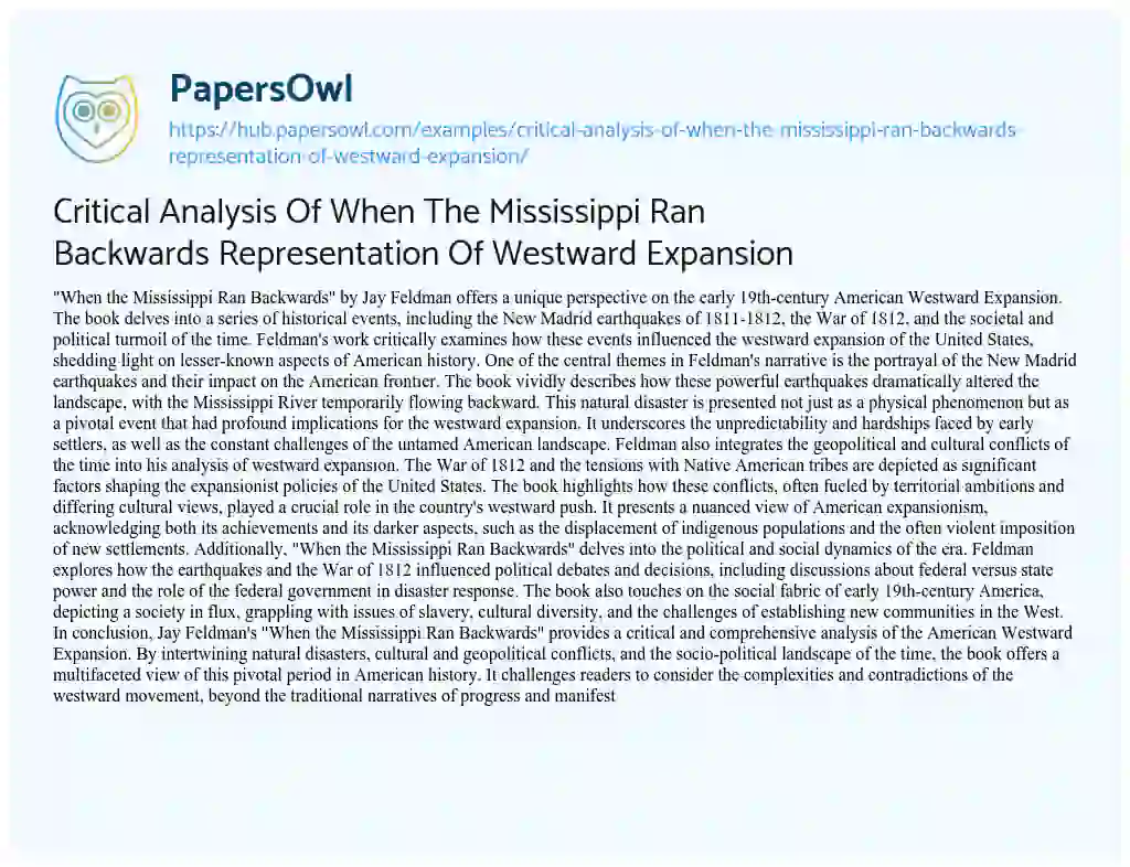 Essay on Critical Analysis Of When The Mississippi Ran Backwards Representation Of Westward Expansion