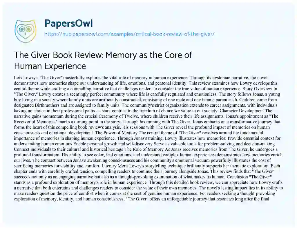 Essay on The Giver Book Review: Memory as the Core of Human Experience