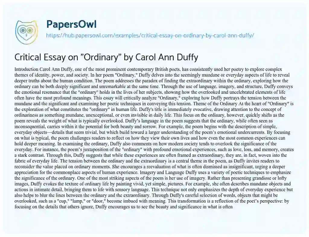 Essay on Critical Essay on “Ordinary” by Carol Ann Duffy
