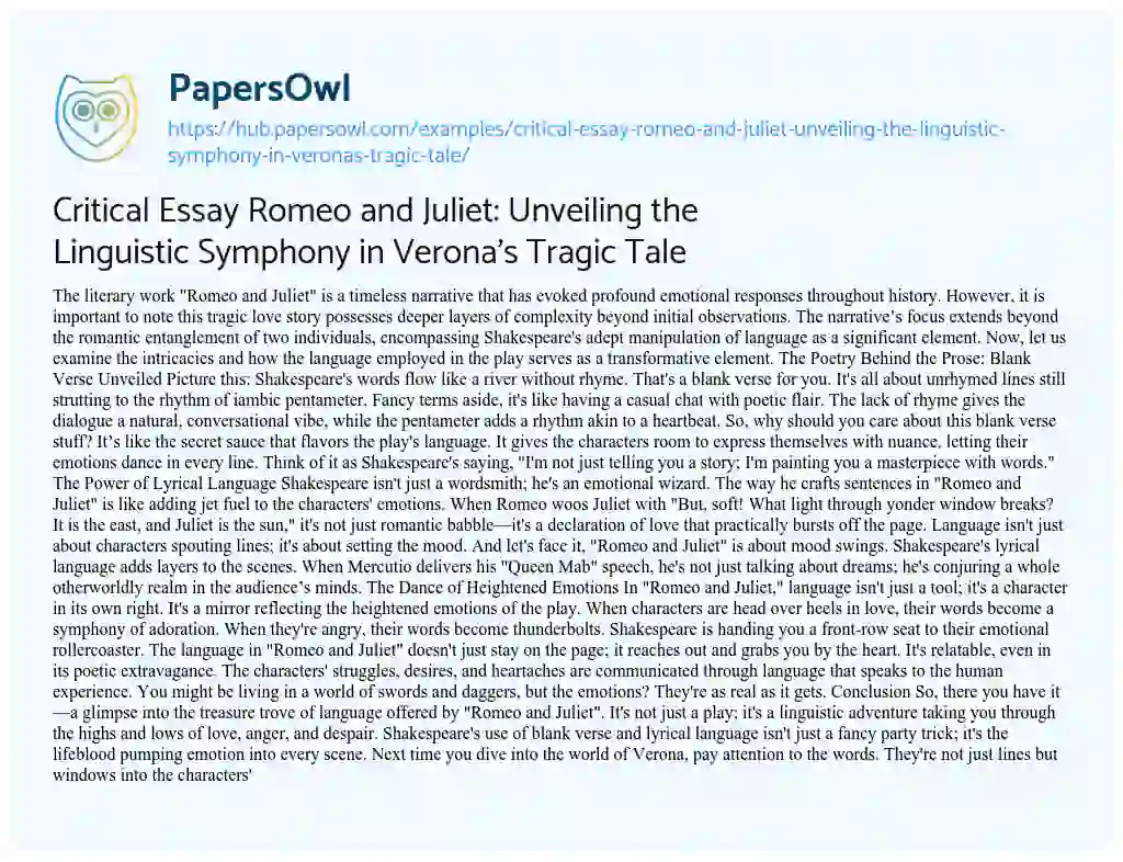 Essay on Critical Essay Romeo and Juliet: Unveiling the Linguistic Symphony in Verona’s Tragic Tale