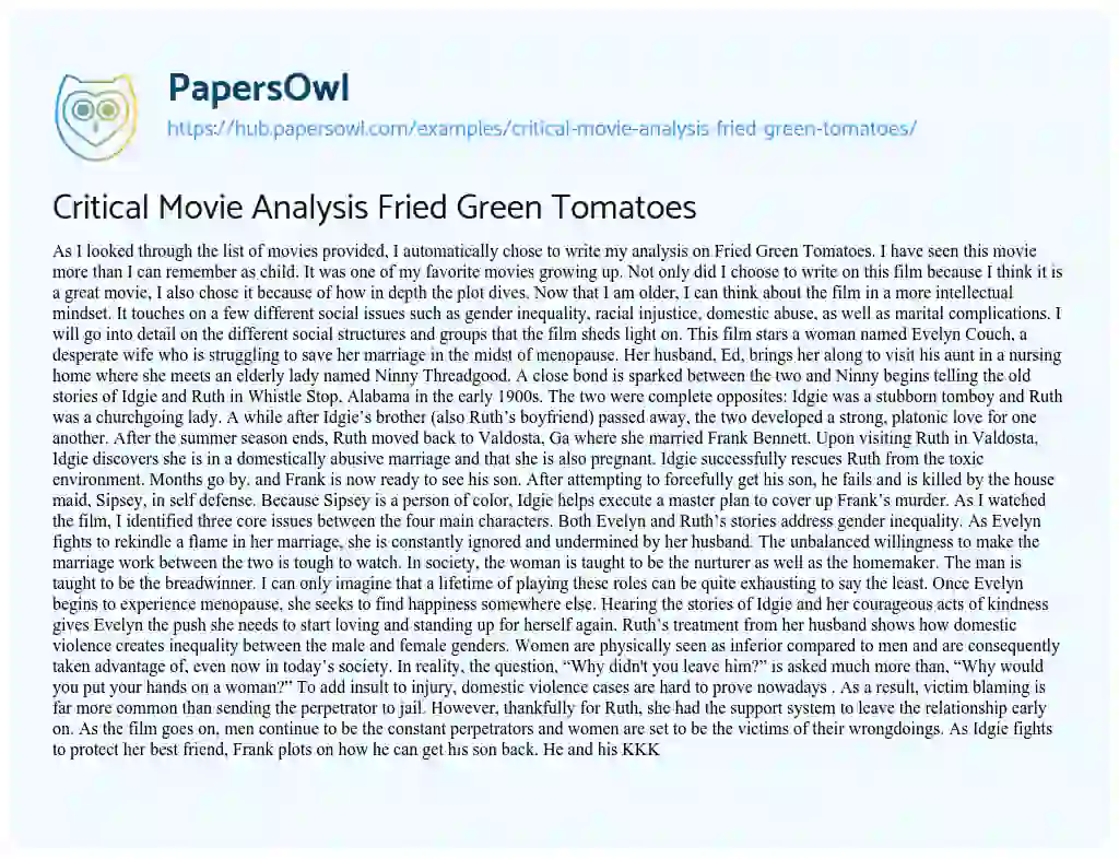 Essay on Critical Movie Analysis Fried Green Tomatoes