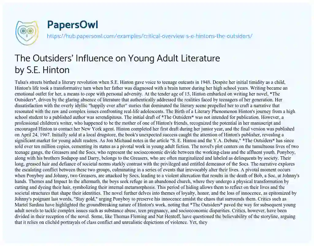 Essay on The Outsiders’ Influence on Young Adult Literature by S.E. Hinton