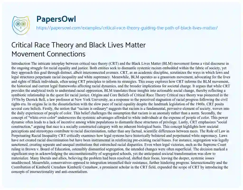 Essay on Critical Race Theory and Black Lives Matter Movement Connections