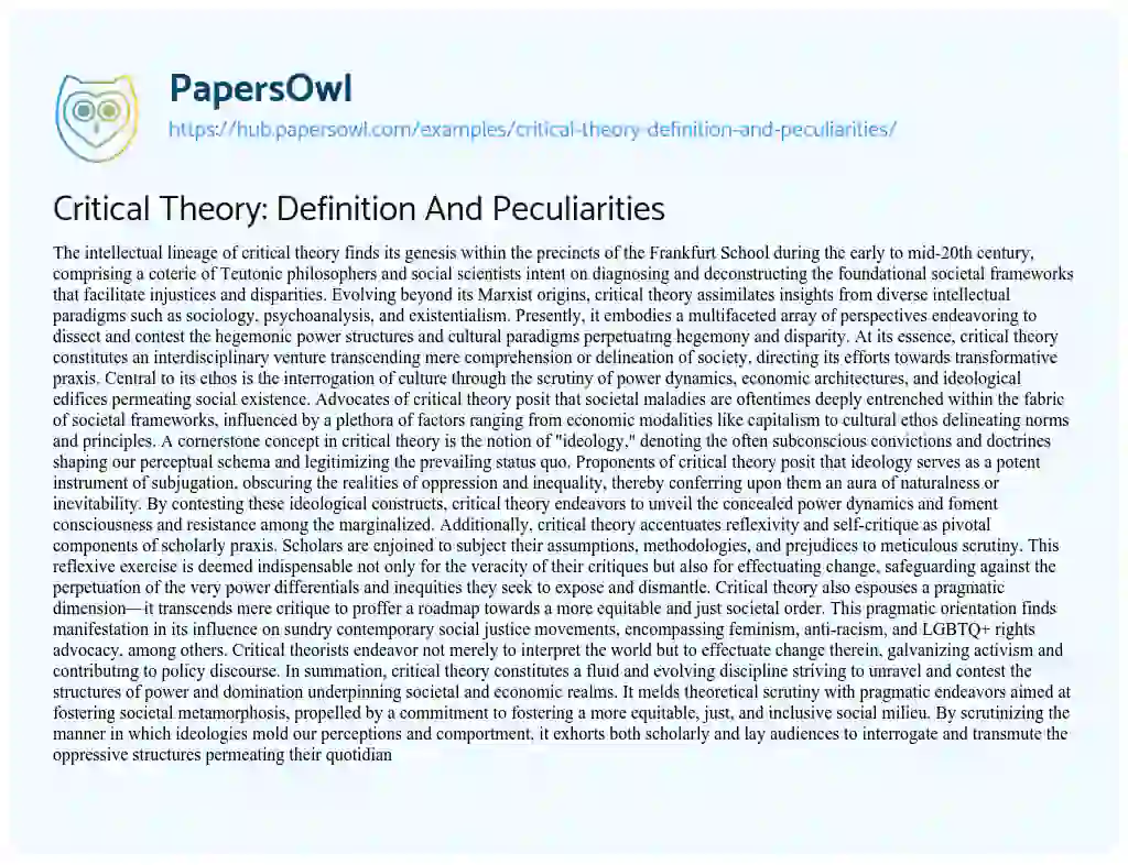 Essay on Critical Theory: Definition And Peculiarities