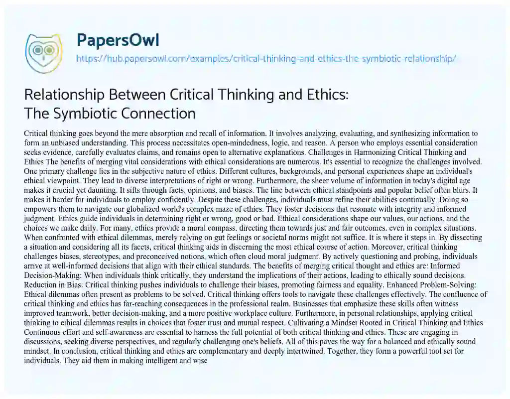 Essay on Relationship Between Critical Thinking and Ethics: The Symbiotic Connection