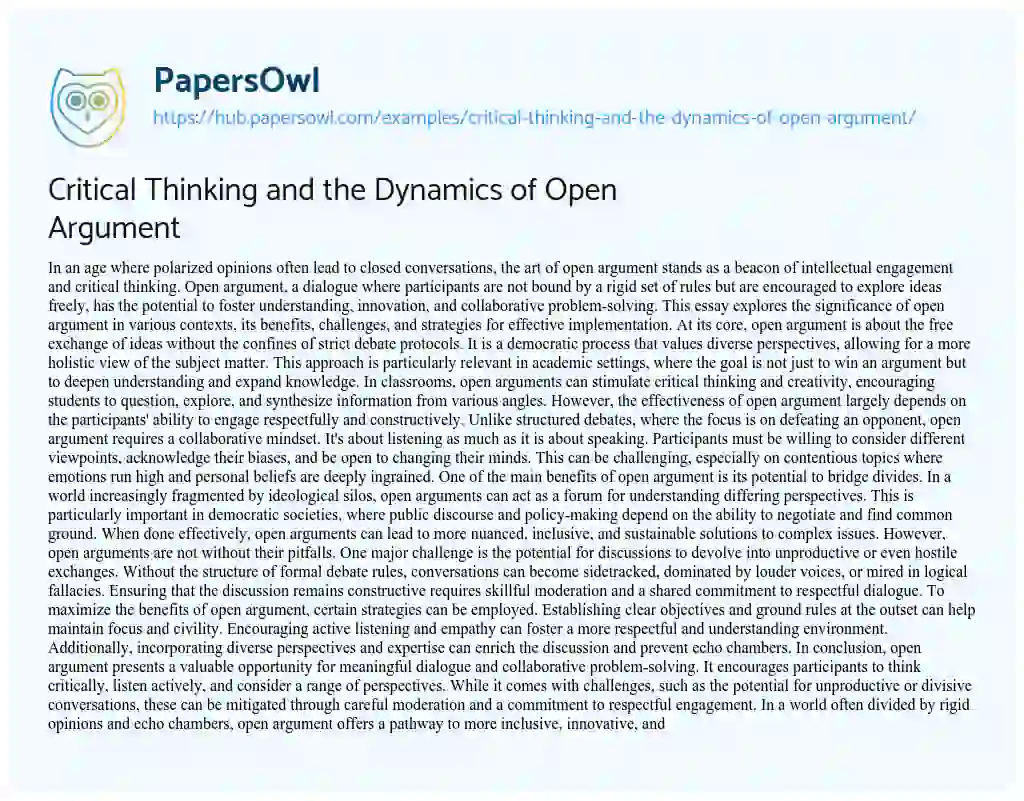 Essay on Critical Thinking and the Dynamics of Open Argument