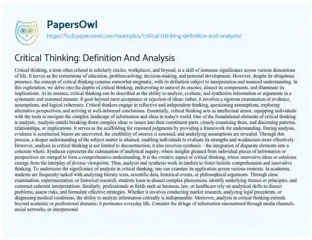 Essay on Critical Thinking: Definition And Analysis