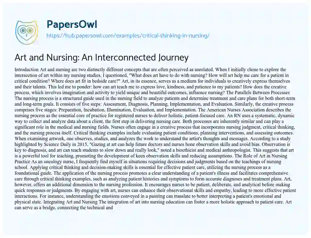 Essay on Art and Nursing: An Interconnected Journey