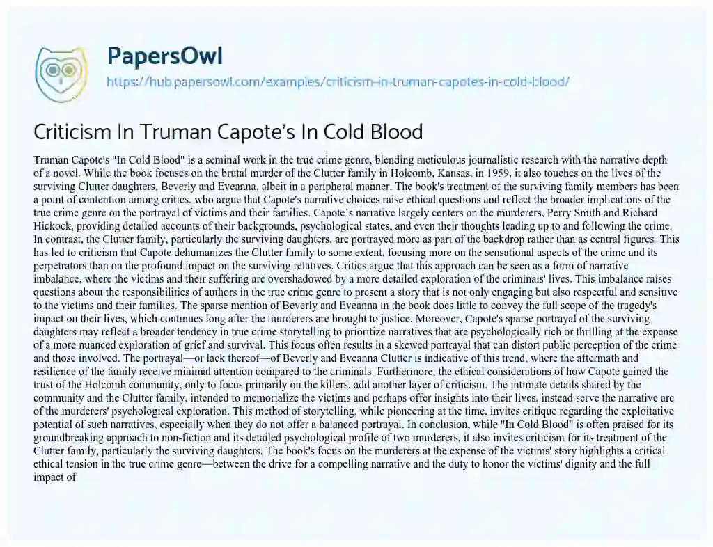 Essay on Criticism In Truman Capote’s In Cold Blood
