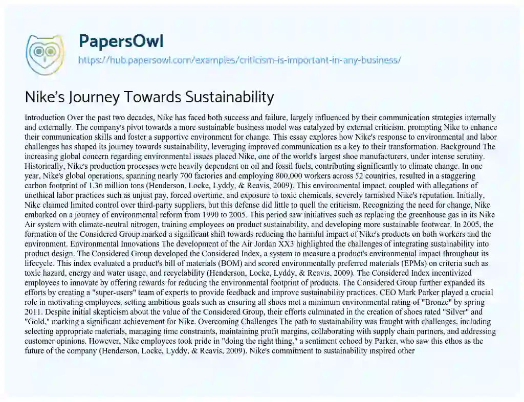 Essay on Nike’s Journey Towards Sustainability