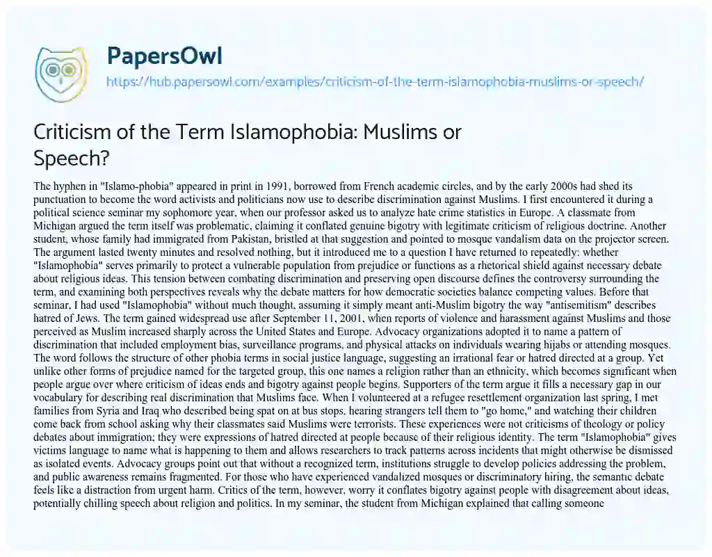 Essay on Criticism of the Term Islamophobia: Muslims or Speech?