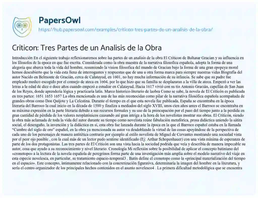 Essay on Criticon: Tres Partes de un Analisis de la Obra