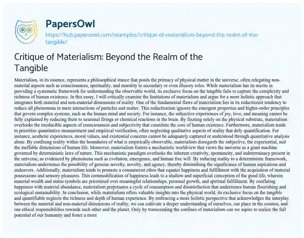 Essay on Critique of Materialism: Beyond the Realm of the Tangible