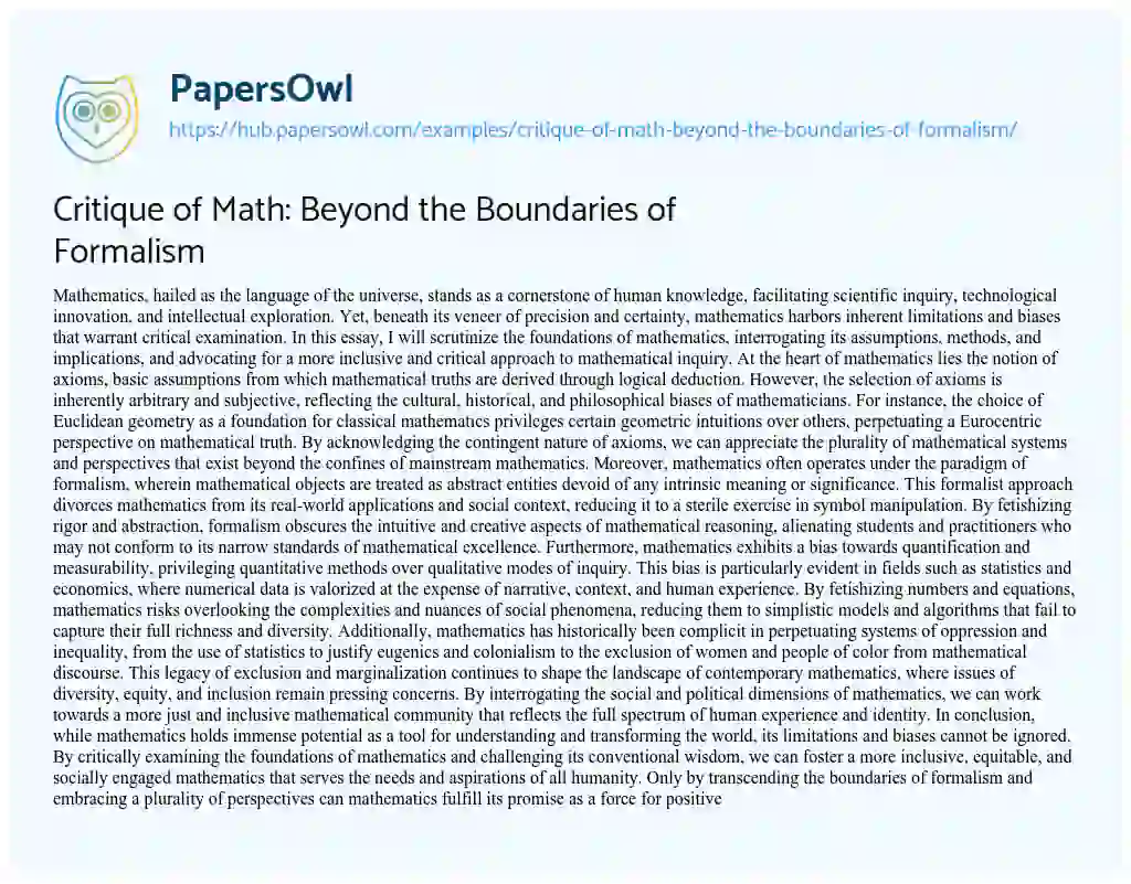 Essay on Critique of Math: Beyond the Boundaries of Formalism