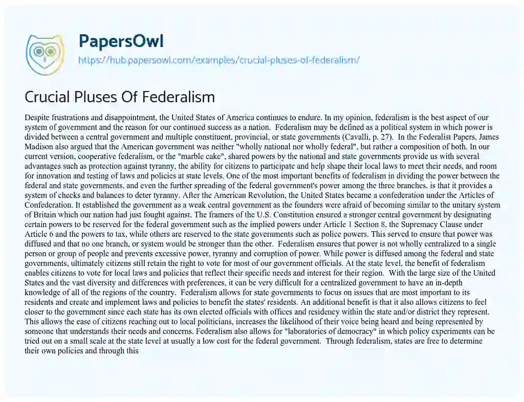 Essay on Crucial Pluses Of Federalism
