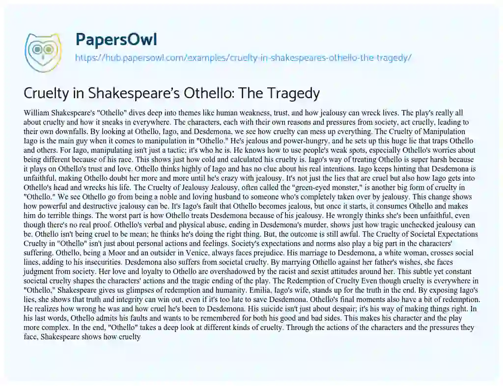 Essay on Cruelty in Shakespeare’s Othello: The Tragedy