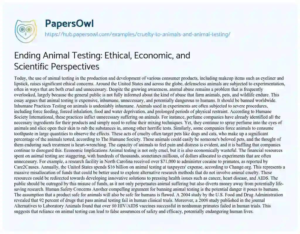 Essay on Ending Animal Testing: Ethical, Economic, and Scientific Perspectives
