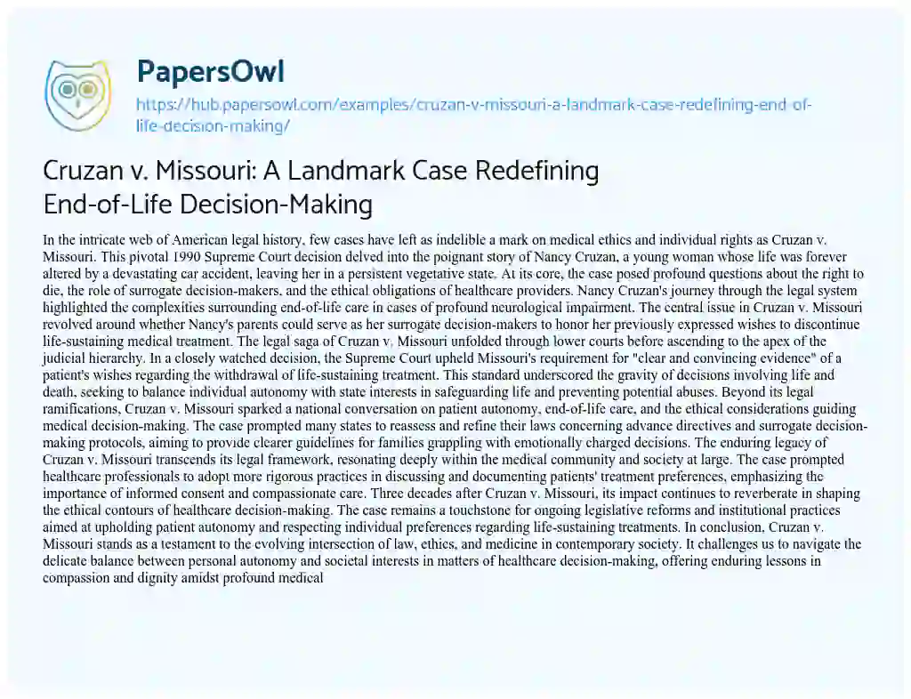 Essay on Cruzan v. Missouri: A Landmark Case Redefining End-of-Life Decision-Making
