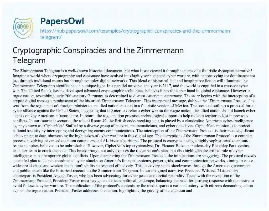 Essay on Cryptographic Conspiracies and the Zimmermann Telegram