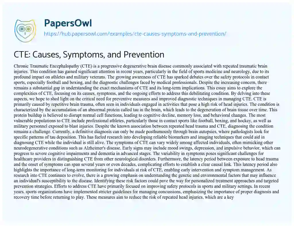 Essay on CTE: Causes, Symptoms, and Prevention