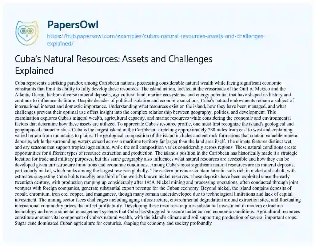 Essay on Cuba’s Natural Resources: Assets and Challenges Explained