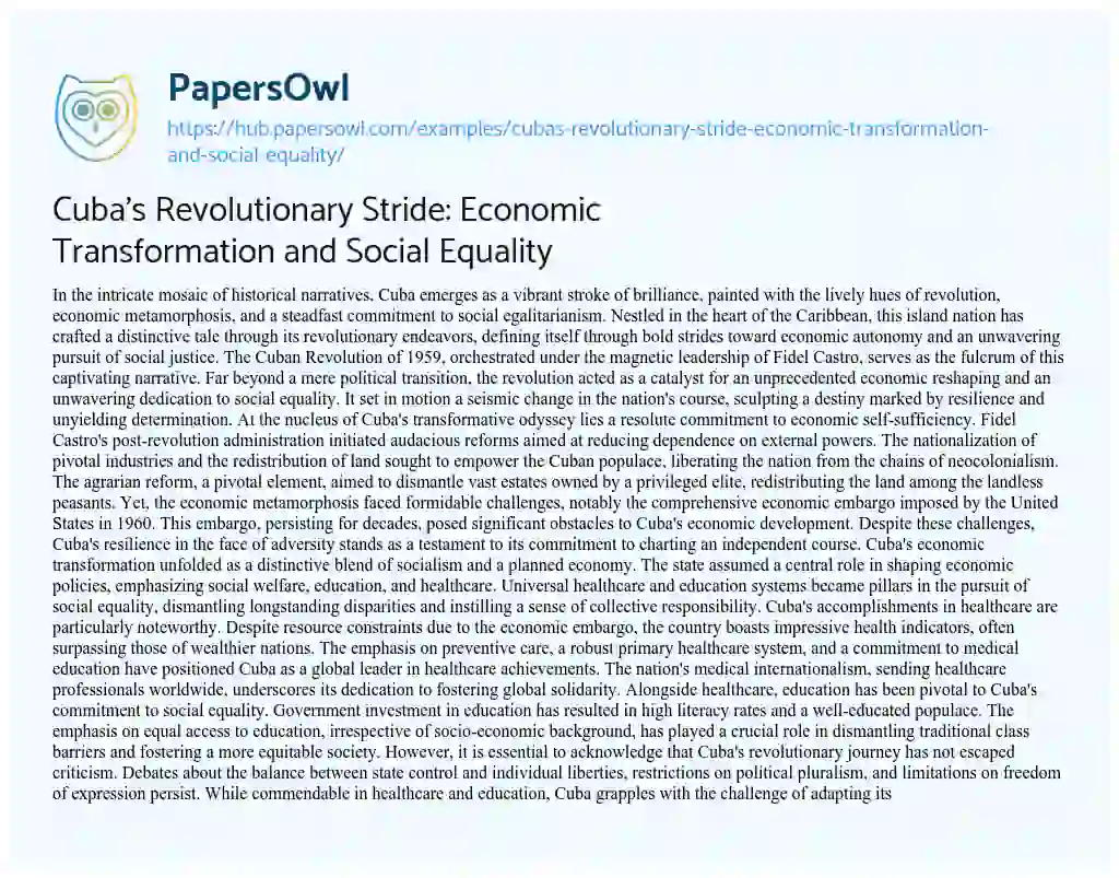 Essay on Cuba’s Revolutionary Stride: Economic Transformation and Social Equality