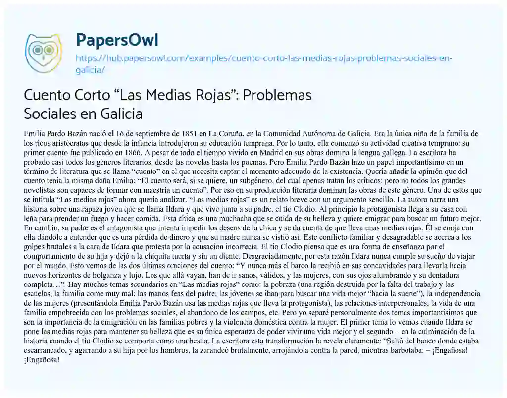Essay on Cuento Corto “Las Medias Rojas”: Problemas Sociales en Galicia