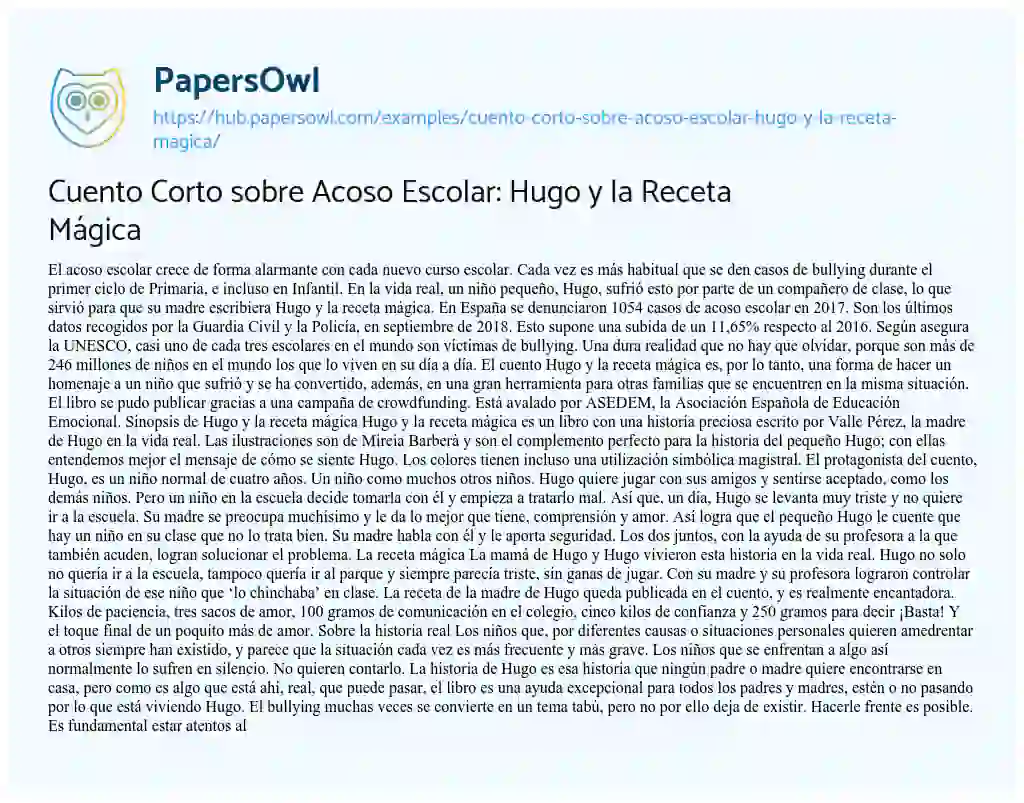 Essay on Cuento Corto sobre Acoso Escolar: Hugo y la Receta Mágica
