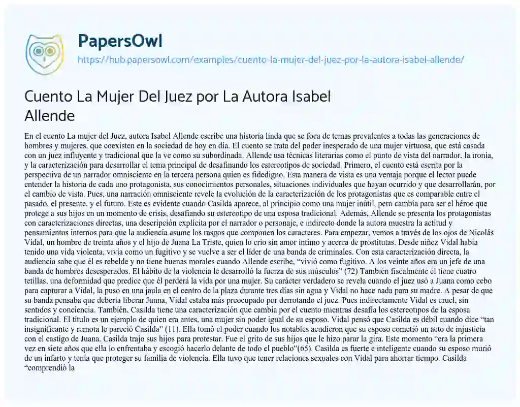 Essay on Cuento La Mujer Del Juez por La Autora Isabel Allende