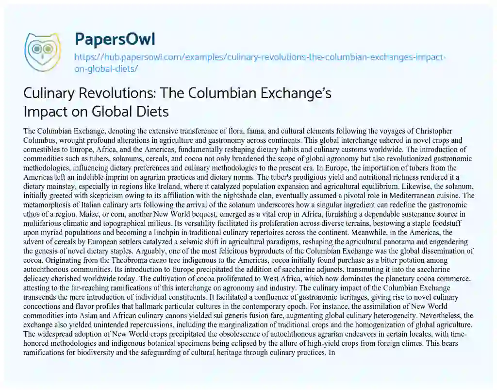 Essay on Culinary Revolutions: The Columbian Exchange’s Impact on Global Diets